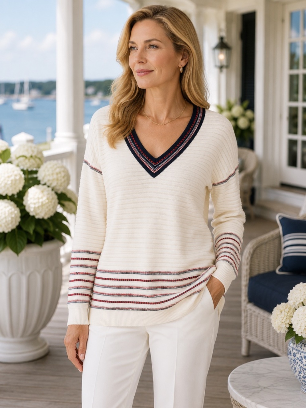 St. John Collection V Neck Striped Sweater